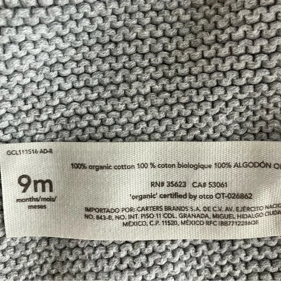 EUC Little Planet by Carter's Baby Organic Signature Stitch Cardigan Grey 9M - Picture 11 of 11